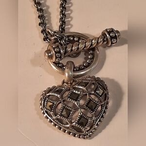 Sterling Silver 925  Heart Pendant Necklace With Markesitte Stones